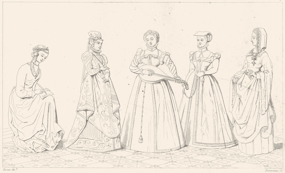 FRANCE. Costumes. Dame de Cour; Demoiselle(Regne Charles IX); Bourgeoise 1875